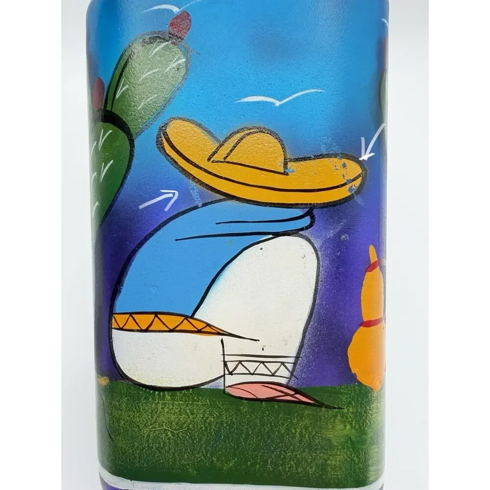 Blue Frosted Glass Siesta Sleeping Man Bottle 10” Hand Painted Bar Decor Mexico